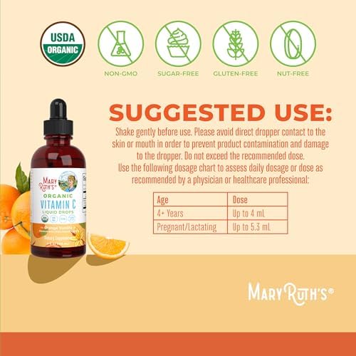 MARYRUTH'S Organic Vitamin C Supplement | Liquid Vitamin C Liquid Drops for Adults & Kids | Immune Support Supplement for Overall Health | Vegan