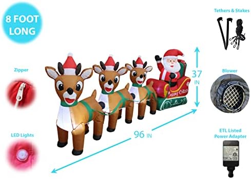 8 FT Lighted Christmas Inflatable Santa Claus on Sleigh with 3 Reindeer | Outdoor Indoor Holiday Decoration, Built-in LED Lights