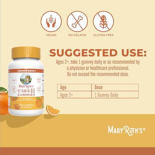 MARYRUTH'S Vitamin D3 Gummies, Adults & Kids Vitamin D, 60 Servings, Vegan | 2 Month Supply, Immune Support Supplement, 1000IU for Bone Health & Muscle Function, Vegan, Non-GMO, Gluten Free, 60 Count