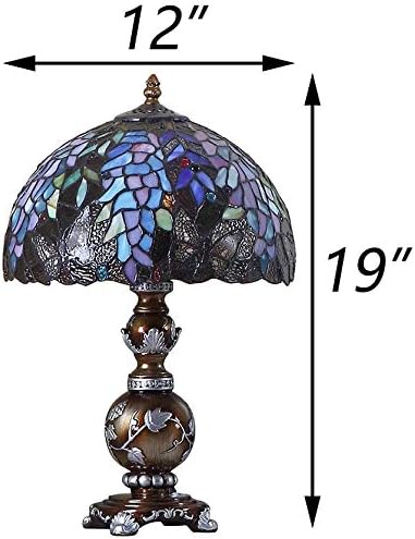 Bieye L10568 Wisteria Flowers Butterflies Tiffany Style Stained Glass Table Lamp with 12-inch Wide Lampshade, 19-inch Tall
