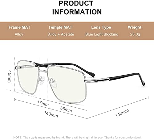 Reading Glasses for Men Square Double Bridge Blue Light Blocking Computer Readers