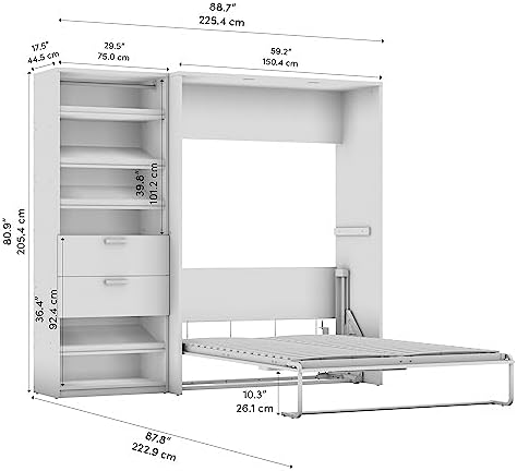 Bestar Cielo Full Murphy Bed with Closet Organizer (89W) in Bark Gray and White, Sleeping Arrangement for Multipurpose Room | Closet Organizer