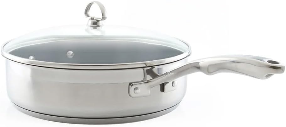 Chantal Induction 21 Steel 1 quart NonStick Saucepan with Tempered Glass Lid, Ceramic Non Stick, Brushed Stainless Steel