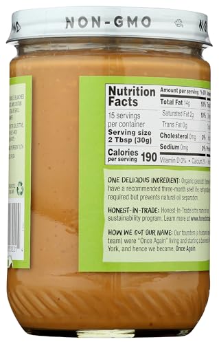 Once Again Organic Crunchy Peanut Butter No Sugar Added - Single Ingredient, Unsalted, Natural Peanut Butter No Palm Oil - Glass Jar, Non-GMO, Gluten Free - Chunky, Unsweetened - 1 Jar (16 oz)
