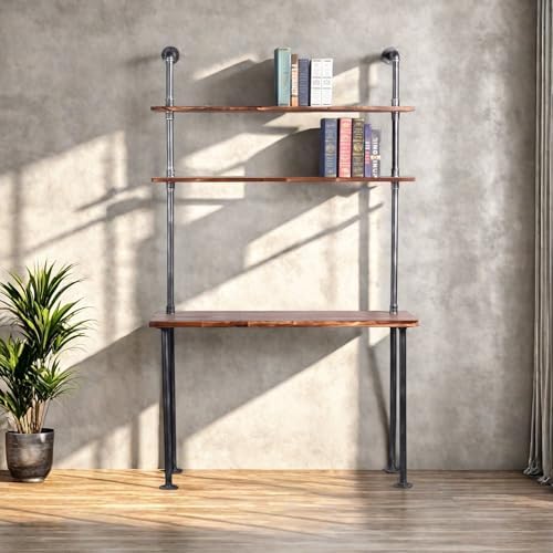 Industrial Pipe Desk with 3 Tier Shelves, Rustic Solid Wood Writing Workstation, Sturdy Metal Frame for Home Office Study Living Room Decor(40" L)