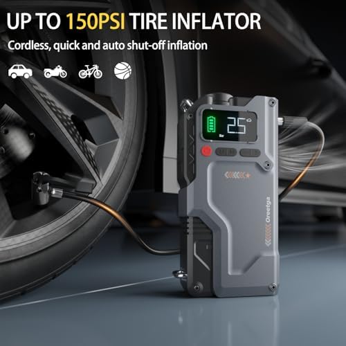 9000A Car Battery Charger Jump Starter with Air Compressor, 150PSI Tire Inflator Air Pump(All Gas/16L Diesel)