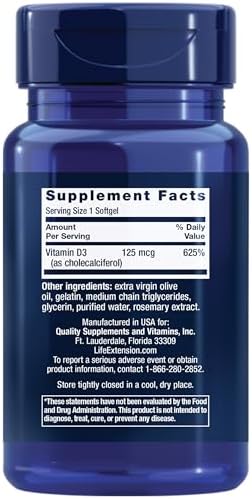 Life Extension Vitamin D3 125 mcg (5000 IU), Bone Health, Brain Performance, Immune System Support, Gluten-Free, Non-GMO, Once Daily, Two-Month Supply, 60 Softgels | Bone Health, Cognitive Health & Immune System Support, Gluten-Free & Non-GMO, Once Daily…