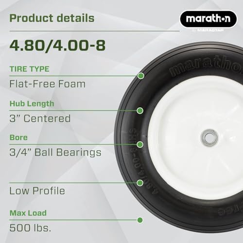 Marathon 4.80/4.00-8" Flat Free Tire on Wheel, 3" Hub, 5/8" Bearings, Ribbed Tread