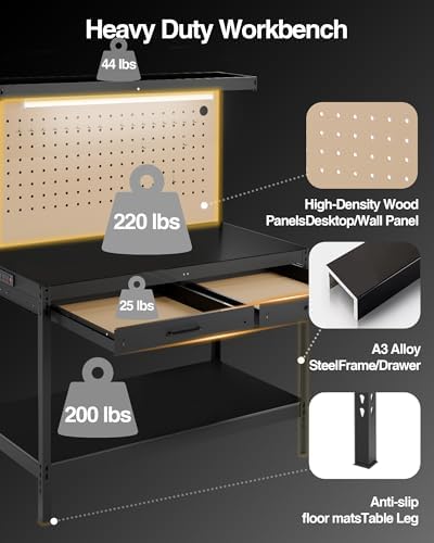 Pterying Work Benches for Garage, 3-Tier, A3 Steel | For Garage, Workshop & Basement, 2 Drawers, 4 AC Outlets, 2 USB Ports, Pegboard, 12 Hooks