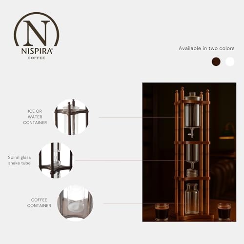 Nispira Iced Coffee Cold Brew Drip Tower Coffee Maker, 6–8 Cup Manual Cold Brew Brewer with Adjustable Valve, Wooden Frame & Glassware, Slow Cold Extraction System