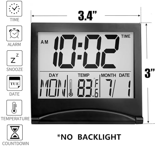 Betus Digital Travel Alarm Clock - Foldable Calendar Temperature Timer LCD Clock with Snooze Mode - Large Number Display, Battery Operated - Compact Desk Clock(Silver, No Backlight)