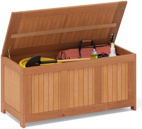 Tangkula 46 Gallon Acacia Wood Deck Box, Garden Backyard Storage Bench, Outdoor Storage Container for Patio Furniture Cushions and Gardening Tools