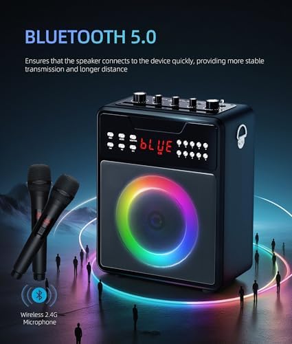 Karaoke Machine for Adults, Portable Bluetooth Speaker with 2 Wireless Microphones and Lights Show, Karaoke Speaker with Bass & Treble, Supports for TWS,USB,FM,REC,AUX in,TF Card for Party/Meeting