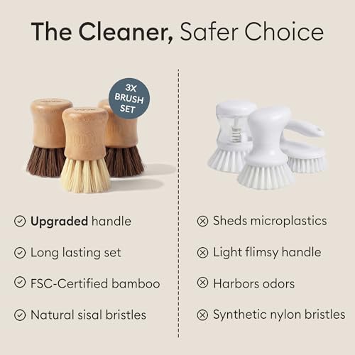 Vove Bamboo Dish Scrub Brush Set 3-Pack, 2 Hard and 1 Medium Brushes
