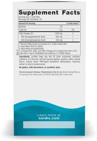 Nordic Naturals Ultimate Omega, 1280mg Omega-3 Fish Oil, Lemon - 60 Count | High-potency Omega-3 Fish Oil with EPA & DHA supports brain & heart health. Non-GMO, burpless formula. 30 servings.