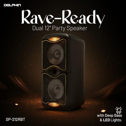 DolphinLarge Bluetooth Party Speaker, Dual 12" Woofers | 3600W Output, WaveSync Pairing, 5-Band EQ, USB, SD, TF, FM & AUX Inputs