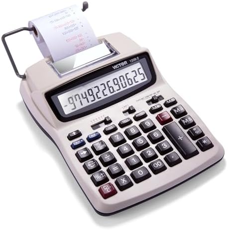 Victor Printing Calculator, 1208-2 Compact and Reliable Adding Machine with 12 Digit LCD Display, Battery or AC Powered, Includes Adapter,White