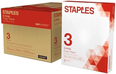 Staples 8.5" x 11" 3-Hole Punched Copy Paper, 20 lbs., 92 Brightness, 500/Ream