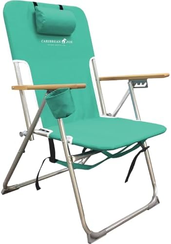 CARIBBEAN JOE Folding Beach Chair, 4 Position Portable Backpack Foldable Camping Chair with Headrest, Cup Holder, and Wooden Armrests