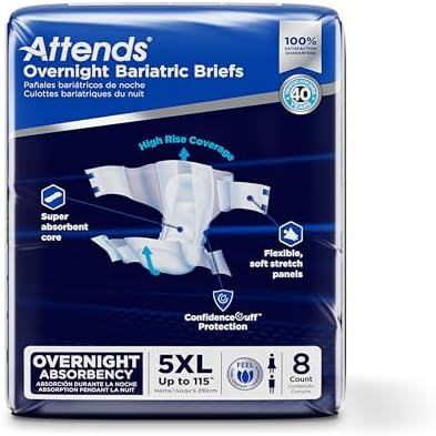 Attends Bariatric Incontinence Disposable Briefs, XX-Large, 63"-70" Waist with Tab Closures, Ultimate Absorbency, Dry-Lock Containment Core and ConfidenceCuff Leakage Protection, 2XL 48ct Case