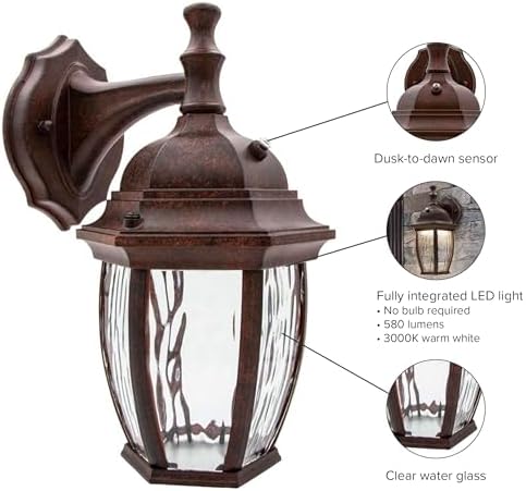 Maxxima LED Brown Outdoor Wall Light, 580 Lumens 3000K, Dusk to Dawn Sensor | Clear Water Glass, Warm White, Photocell Sensor, Exterior Patio or Porch Sconce Fixture