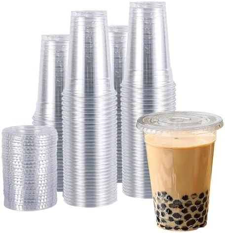TashiBox Plastic Cups with Flat Lids 100 Sets 16 oz, Clear Crystal drink cups with lids