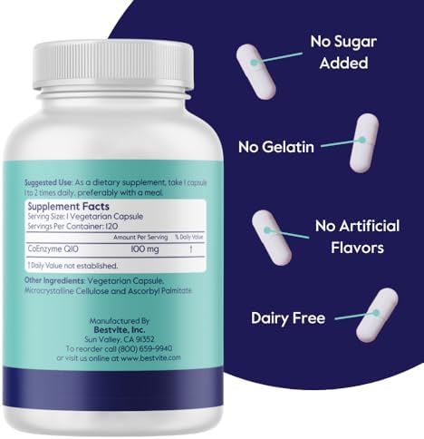 BESTVITE Coenzyme CoQ10 100mg (120 Vegetarian Capsules) Naturally Fermented - No Stearates - No Fillers - Vegan - Non GMO - Gluten Free | Vegan - Gluten Free - Non GMO - Coenzyme Q10 Supplement - Antioxidant for Heart & Energy Support* - Easy to Swallow…