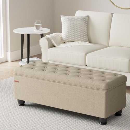 SONGMICS Storage Ottoman, 46.5 Inches Bedroom Bench, Solid Wood Legs