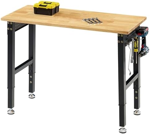 Albott 44 x 20-Inch Adjustable Workbench | 2000 Lbs Capacity, Solid Rubber Wood Top, Power Outlets and Hooks, for Garage, Workshop and Home Office, Black