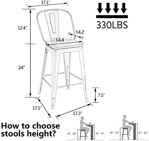 Alunaune 24" Swivel Metal Bar Stools Set of 4 High Back Counter Height Barstools Industrial Dining Bar Chairs with Large Wooden Seat-Matte Black