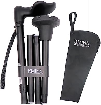 KMINA Folding Walking Cane for Women and Men, Palm Grip, Right Hand, Black