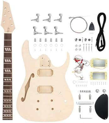 DIY Electric Guitar Kit Beginner Kit with Flamed Maple Veneer Top | 6 String, Right Handed, Basswood Body, Hard Maple Neck, Rosewood Fretboard