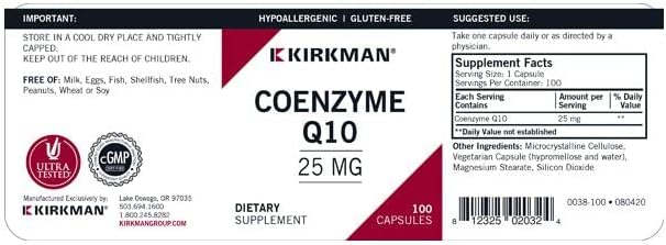 Kirkman Coenzyme Q10 25 mg - Hypoallergenic || 100 Vegetarian Capsules || CoQ10 || Supports Immune System || Gluten and Casein Free || Capsules are