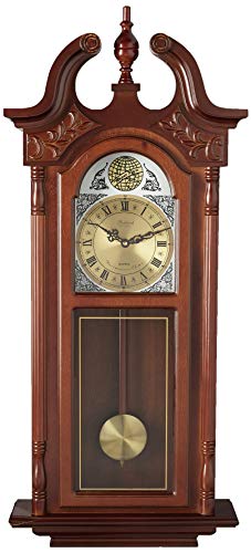 Bedford Clock Collection Grand Antique Chiming Wall Clock with Roman Numerals in a in a Cherry Oak Finish, 38" L