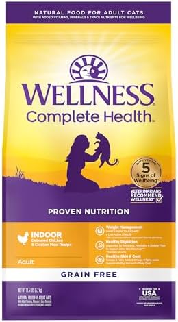 Wellness Complete Health Adult Dry Cat Food for Indoor Cats, Natural, Grain Free Kibble, Chicken Recipe, 11.5 lb Bag