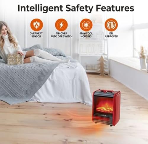 Comfort Zone Electric Mini Fireplace Space Heater with Realistic 3D Flame, Stay-Cool Body, Carry Handle, Overheat Sensor, and Safety Tip-Over Switch, Ideal for Home, Bedroom, & Office, 1,200W, CZFP1