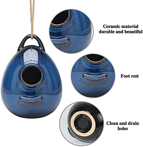 Kimdio Birdhouse Ceramic Hanging Birdhouses Bird Hut Hanging Outdoor Birdhouse for Wild Birds, Finch, Cardinal, and Bluebird - Blue
