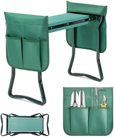 iPower Garden Kneeler and Seat Foldable Kneeling Bench with Sturdy Soft EVA Foam Pad for Outdoor, Fishing, Camping, 2 Tool Pouches Included, Green