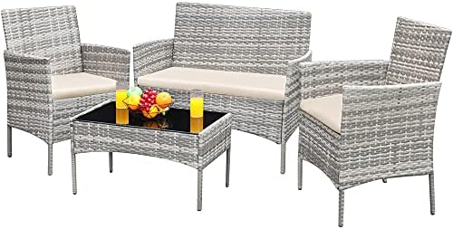 Greesum Patio Furniture 4 Pieces Conversation Sets,Brown and Beige