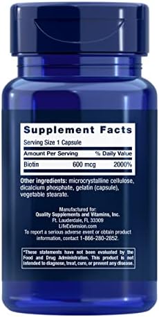 Life Extension Biotin 600 mcg Vitamin B7 Support Supplement for Beautiful Hair, Nails & Beyond – Gluten-Free, Non-GMO - 100 Capsules | Supports Hair