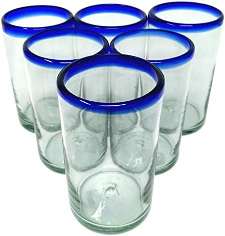Dos Sueños Hand Blown Mexican Drinking Glasses - Set of 6 Glasses with Cobalt Blue Rims (14 oz each)