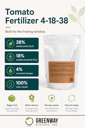 Greenway Biotech, Inc. Tomato Fertilizer 4-18-38 Powder - Water Soluble with Chelated Micronutrients for Tomatoes Peppers Eggplant - Bigger Fruit Better Flavor - Hydroponics or Soil - 5 LB
