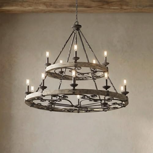 Kichler Taulbee 15-Light 2-Tier Chandelier, Weathered Zinc | Two-tier chandelier with weathered gray wood accents (44" x 38.75"), 43826WZC