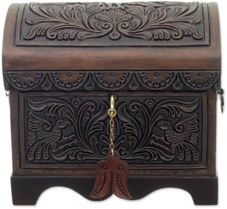 NOVICA Artisan Handmade Cedar and Leather Decorative Box | Floral Bird Motif | Brown Wood Accessories | 'Andean Flight' | 7" H x 8.75" W x 7" D