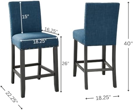 Biony Blue Fabric Counter Height Stools with Nailhead Trim, Set of 2