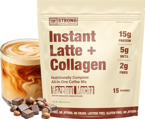 Strong Coffee Co. Hazelnut Instant Latte | 15 Servings | Organic Coffee with Collagen Protein | Lion’s Mane & L-Theanine | Adaptogens & Nootropics