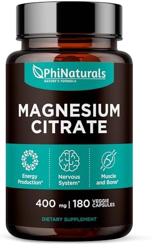 Magnesium Citrate Powder Capsules 400mg - 180 Count Veg Caps - PhiNaturals Supplements - Nervous System Support and Enzyme Function