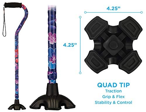 Nova Joy Designer Offset Quad Cane for Seniors - Unisex Adjustable Lightweight Walking Aid with Foam Handle, Wrist Strap and Anti-Rattle Lock - Essential Mobility Support - Maui Flowers