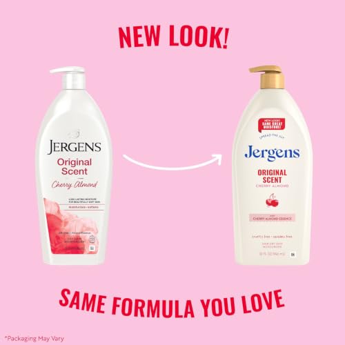 Jergens Cherry Almond Hand & Body Lotion, Dry Skin, 32 fl oz | Fast-Absorbing Moisturizer, Vitamins E, C & B5, Softens Dry Skin, Dermatologist Tested, Cherry Almond Scent