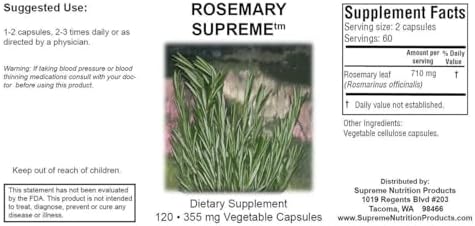 Supreme Nutrition Rosemary Supreme, 120 Pure Rosemary Vegetarian Capsules